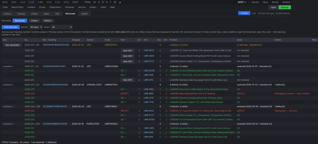 aska.work Amazon removals: returned boxes by tracking number with an item checklist, demo data